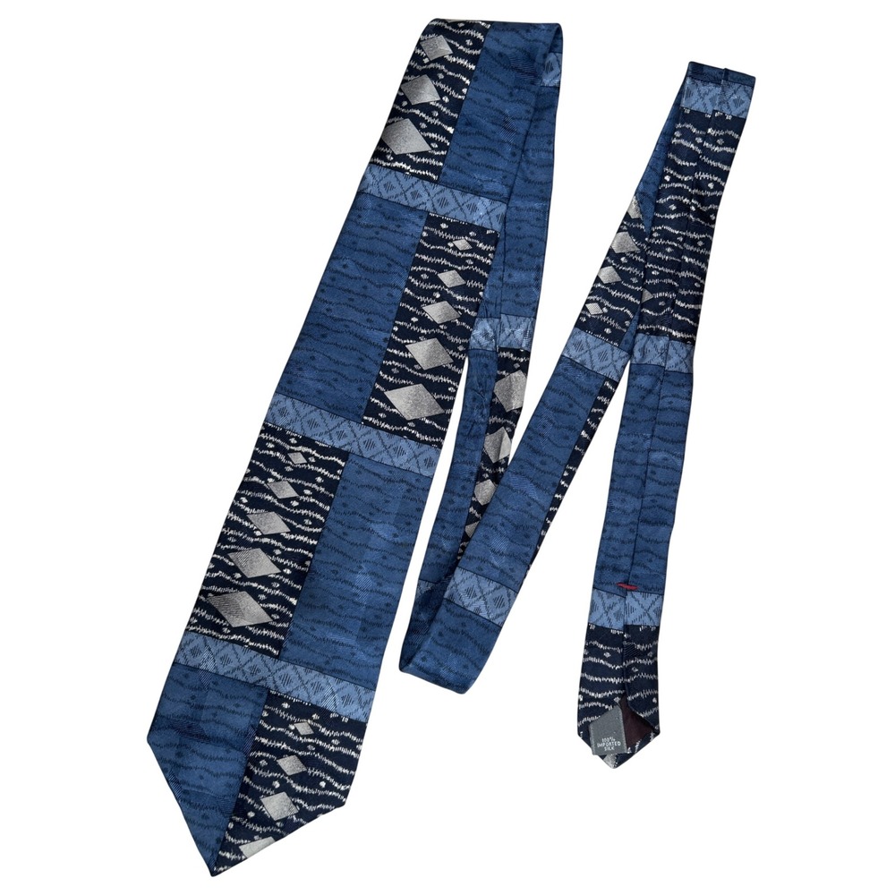 Conte‎ di Milano Blue Geometric Patchwork Silk Tie Mens Navy Silver Diamonds VTG